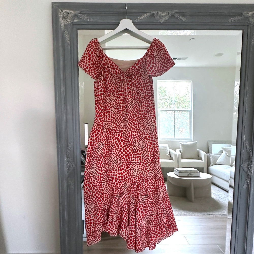 Realisation Par Inspired 100% Silk Sweetheart Neck Red Heart Midi Dress Cream M